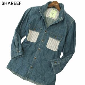 SHAREEF シャリーフ 春夏 USED加工★ 胸ポケット ボーダー 切替 7分袖 ワーク デニム シャツ Sz.2　メンズ 日本製　A4T02073_2#A