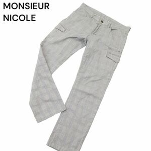 MONSIEUR NICOLE ムッシュ ニコル 通年 グレンチェック★ ストレッチ カーゴ スラックス パンツ Sz.46　メンズ グレー　A4B01145_3#R