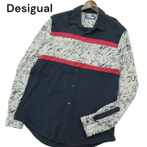 Desigual man デシグアル 通年 ロゴ刺繍★ レタリング デザイン 切替 長袖 シャツ Sz.M　メンズ　A4T02288_3#C