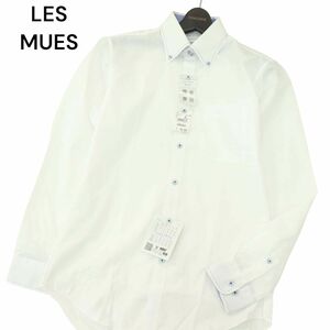 【新品 未使用】 LES MUES レミュー 通年 吸汗速乾 形態安定 ステッチ 長袖 ボタンダウン シャツ Sz.M　メンズ 白　A4T02309_3#C