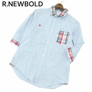 R.NEWBOLD ポールスミス 春夏 ロゴ刺繍★ チェック切替 7分袖 シャンブレー デニム シャツ Sz.M　メンズ　A4T02498_3#A