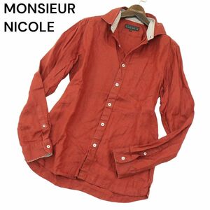 MONSIEUR NICOLE ムッシュ ニコル 春夏 【麻100％ リネン】 スリム 長袖 ホリゾンタルカラー シャツ Sz.48　メンズ　A4T02809_3#A