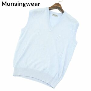 Munsingwear マンシングウェア 春夏 ペンギン刺繍★ 麻 リネン混 格子柄 Vネック ニット ベスト Sz.M　メンズ 青系 ゴルフ　A4T02824_3#J