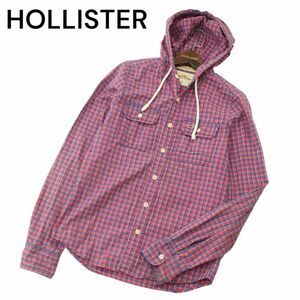 HOLLISTER ホリスター 通年 ロゴ刺繍★ 長袖 ワーク フーディー パーカー チェック シャツ Sz.M　メンズ 赤 ネイビー　A4T03070_3#C