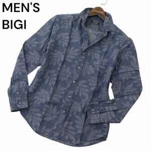 MEN'S BIGI メンズビギ 通年 襟ワイヤー★ リーフ ジャガード 総柄 長袖 シャツ Sz.M　メンズ 紺 日本製　A4T03056_3#C