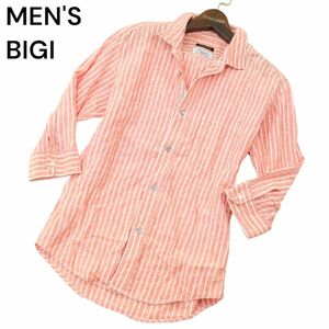 MEN'S BIGI メンズビギ 春夏 【麻 フレンチリネン】 スリム 襟ワイヤー 7分袖 ストライプ シャツ Sz.2　メンズ　A4T03054_3#A