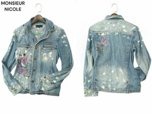 MONSIEUR NICOLE ムッシュ ニコル 通年 花柄 フラワー★ スタッズ ムラ&ダメージ加工 デニム ジャケット Sz.46　メンズ　A4T03027_3#C