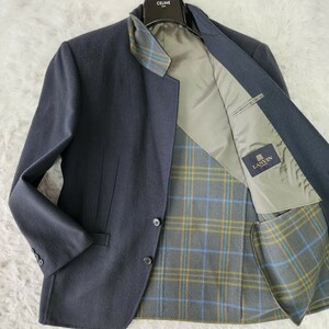 希少 XL相当 カシミヤ混 LANVIN テーラードジャケット ランバン【繊維の宝石】ダブルフェイス チェック ロゴボタン ダークグレー系 メンズ