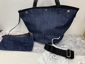 ☆1円スタート☆ PRADA プラダ　デニム　とt-バッグ　デニム　レザー　2Way　ショルダーバッグ　トートバッグ ◆23721