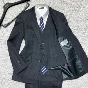 メンズティノラス【圧倒的高級感】MEN’S TENORAS スリーピーススーツ セットアップ スーツ ストライプ ブラック黒 3P 光沢 ベスト Mサイズ