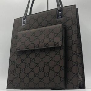 1円【入手困難品】グッチ GUCCI トートバッグ ハンドバッグ GGキャンバス レザー 本革 A4 肩掛け 3室 ダークブラウン 茶