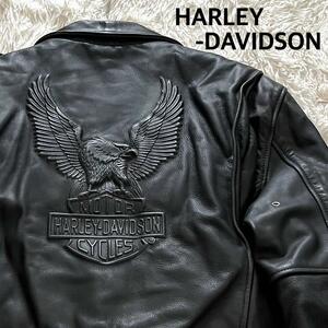 １円【希少】HARLEY-DAVIDSON ハーレーダビッドソン 3D立体イーグル レザー ダブル ライダースジャケット サイズ42 XL メンズ ライナー付 