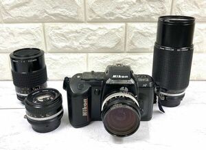 Nikon F-401 ニコン AF 一眼レフフィルムカメラ+NIKKOR-H Auto 1:3.5 f=28mm+Zoom 80-200mm 1:4+Micro 105mm 1:4他 シャッターOK fah 3A813
