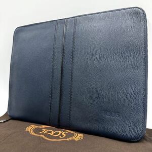 極美品 A4収納可 TODS トッズ メンズ クラッチバッグ オーガナイザー トラベルケース レザー 本革 ラウンドジップ 紺 ネイビー ストライプ