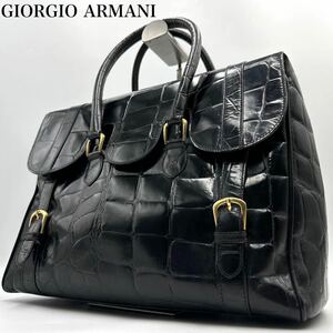 美品 A4収納可 GIORGIO ARMANI ジョルジオアルマーニ メンズ トートバッグ クロコダイル ビジネスバッグ ハンド 黒 ブラック レザー 本革