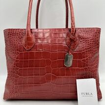 美品 A4可 FURLA フルラ メンズ トートバッグ クロコ型押し 肩掛 赤 レッド カード 大容量 ビジネス レディース ハンド ショルダー レザー_画像1