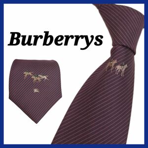 BURBERRYS　バーバリー　ネクタイ　メンズ　レギュラータイ　ストライプ　馬　細め　レッド　パープル