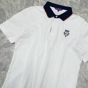 大人気 BEAMS GOLF ビームスゴルフ 半袖 ポロシャツ ストレッチ 吸水速乾 メンズ L 白 ホワイト ロゴ ワッペン ゴルフウェア 日本製 C350