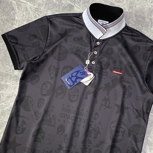 新品 Russeluno ラッセルノ 半袖 ポロシャツ ストレッチ メンズ 6 (XL) 黒 ブラック ルチャ マスク 総柄 ロゴ 刺繍 ゴルフウェア C299