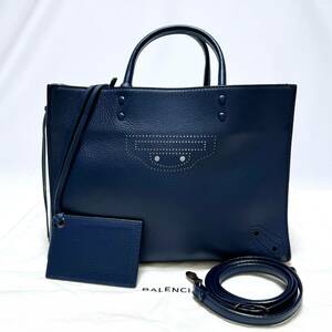 美品 BALENCIAGA バレンシアガ Papier Za Blackout B4 カーフスキン ペーパ ザ ブラックアウト ネイビー 490027 ハンドバッグ ショルダー