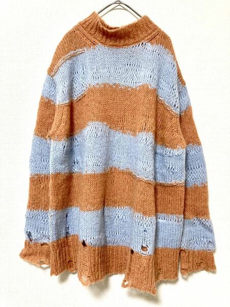 アクネ　ストゥディオズ　acne studios モヘア　ボーダー　ダメージ　ニット　セーター　レディース　総柄 モックネック　トップス