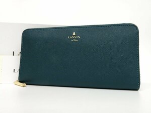 ◆未使用 保管品◆LANVIN en Bleu ランバン オン ブルー◆カーフ レザー 本革◆ラウンドファスナー 長財布◆グリーン ゴールド金具◆A4288