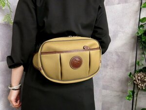 超美品●ハンティング・ワールド●メンズ●サファリ●ロゴ型押し●キャンバス カーフ レザー●ウエスト バッグ●カーキ 茶●G金具●Js45284