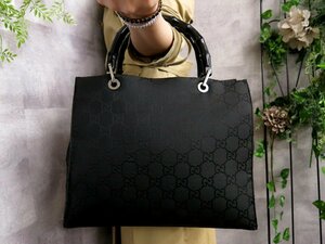 ●超美品●GUCCI グッチ●バンブー●GGナイロン●トート ハンド バッグ●黒●SV金具●イタリア製●腕掛け●B5 収納●書類 かばん●Js45233