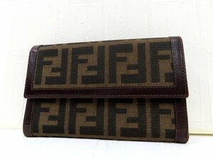 ◆美品◆FENDI フェンディ◆ズッカ◆ナイロンキャンバス カーフ レザー 本革◆三つ折り 長財布◆ブラウン系 SV金具◆ヴィンテージ◆A4424