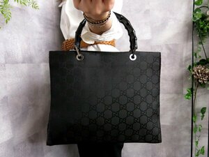 ●超美品●GUCCI グッチ●バンブー●GGナイロン カーフ レザー 本革●トート ハンド バッグ●黒●SV金具●腕掛け●B5 収納 かばん●Js45303