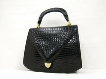 ◆美品◆OLOP オロップ◆シャイニング クロコダイル 本 ワニ 革◆ハンド バッグ◆ブラック ゴールド金具◆ヴィンテージ◆フラップ◆A4473_画像1