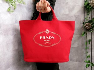 ●美品●PRADA プラダ●カナパ●バケット●キャンバス レザー 本革●バケツ型 トート バッグ●赤●腕掛け●A4 収納●書類 かばん●Js45398