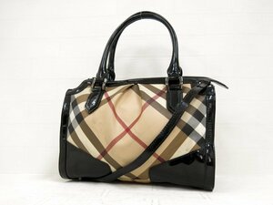 ◆BURBERRY バーバリー◆ノバチェック◆PVC エナメル パテント レザー 本革◆2way ハンド ショルダー バッグ◆ベージュ 黒 SV金具◆A4512