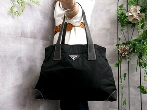 ●超美品●PRADA プラダ●三角ロゴプレート●ポコノ ナイロン サフィアーノ レザー 本革●トート バッグ●黒●SV金具●A4 収納●Js45466