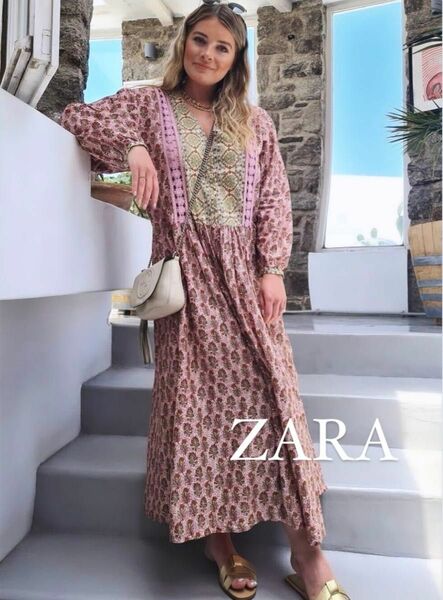 【 ZARA 】　インド綿　花柄　リゾート　かぎあみ　ピンク　ロング　ワンピース