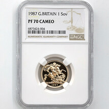 1987 英国 エリザベス2世 ソブリン 1ポンド 金貨 プルーフ NGC PF 70 CAMEO 最高鑑定 完全未使用品 聖ジョージ竜退治_画像1