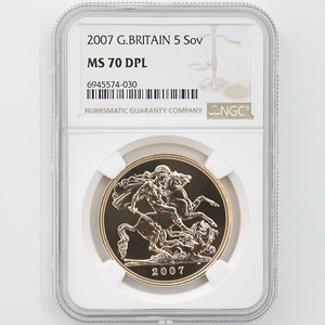 2007 英国 エリザベス2世 ソブリン 5ポンド 金貨 プルーフ NGC MS 70 DPL 最高鑑定 完全未使用品 元箱付 聖ジョージ竜退治 イギリス 金貨