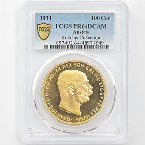 1911 オーストリア フランツ・ヨーゼフ1世 100コロナ 金貨 プルーフ PCGS PR 64 DCAM 最高鑑定 未使用～完全未使用品