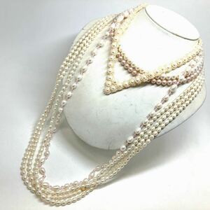 ［淡水パールネックレス5点おまとめ］m 約236.5g 真珠 ケシ オーバル ボタン ロング pearl Pearl necklace jewelry pink long silver DA0