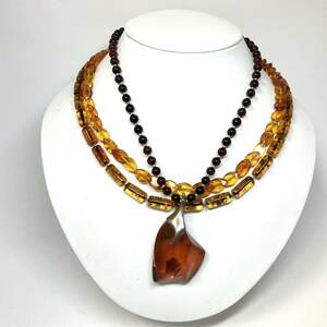 ［琥珀・鼈甲ネックレス3点おまとめ］a 約59.0g コハク こはく アンバー べっ甲 ペンダントネックレス pendant amber necklace 925 DA0