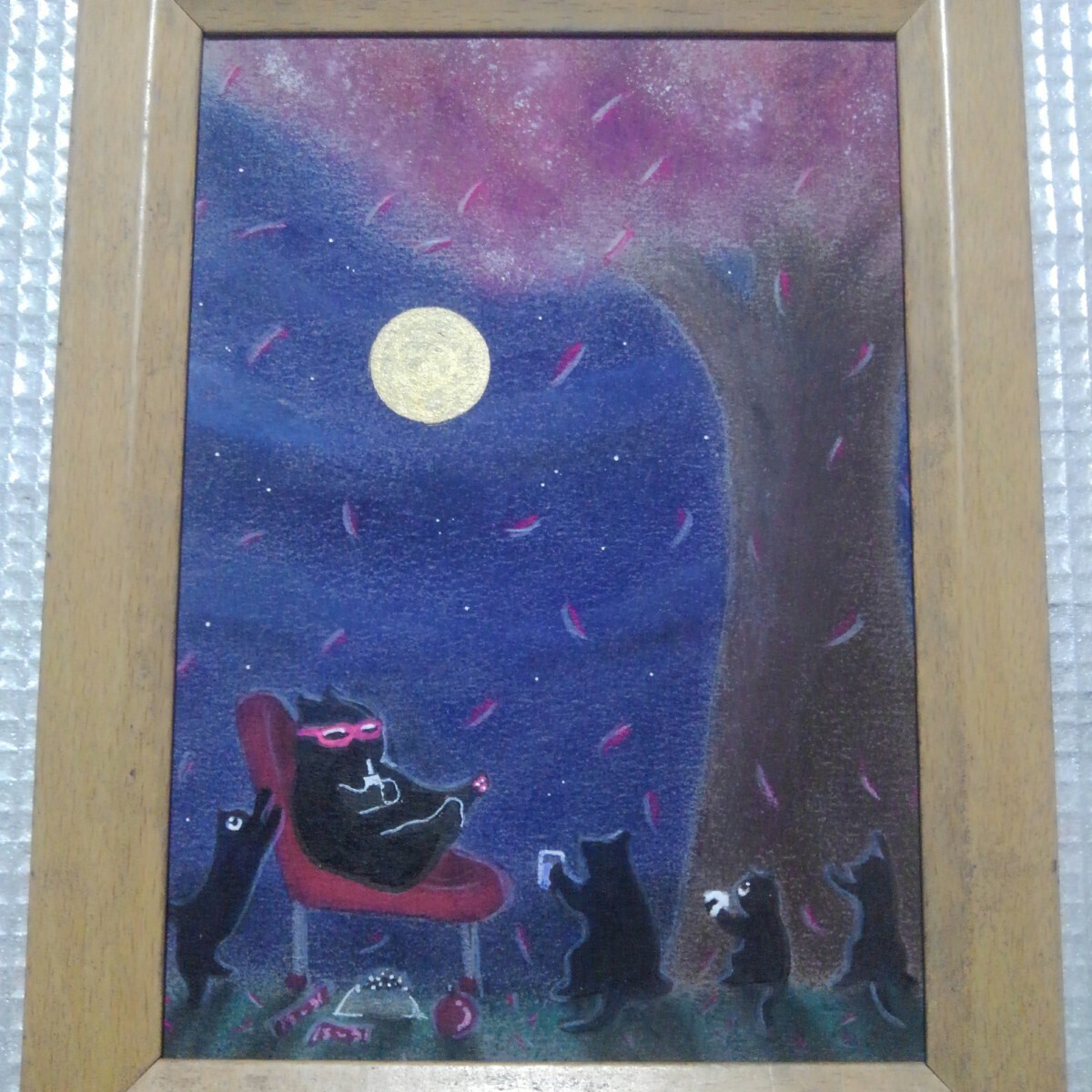 [Entrega anónima] Cuadro Cat's Cherry Blossom Party tamaño 2L con marco., obra de arte, cuadro, pintura al pastel, dibujo con crayón