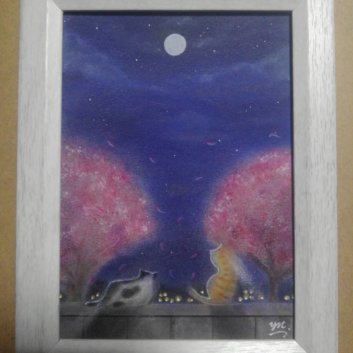 [Anonymous delivery] Painting Cherry Blossoms at Night 2L size with frame., artwork, painting, pastel painting, crayon drawing