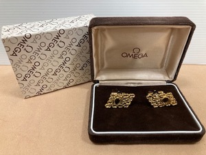 592* OMEGA オメガ ゴールドカラー オメガロゴ カフス カフスリンクス メンズ アクセサリー 服飾品 ケース付 中古美品