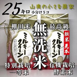 【超希少】ミルキークイーン　酵素米　玄米２５ｋｇ「無洗米に精米」棚田米　新米　米　無洗米　コシヒカリ　つや姫　ミルキークィーン