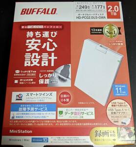送料込・新品 BUFFALO ミニステーション 2.5インチ ポータブルHDD2TB ホワイト USB3.2/3.1 外付けハードディスク TV録画可 HD-PCG2.0U3-GWA