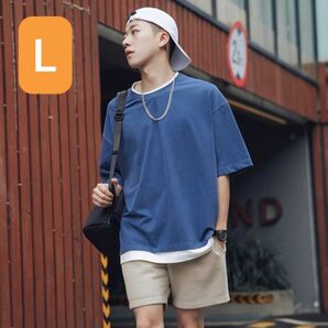 重ね着風Tシャツ ブルー L 半袖 シンプル メンズ トレンド 韓国 無地