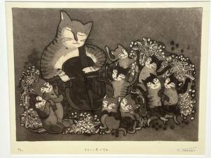 銅版画 高野玲子 『やさしい音ですね 高野玲子』4/50 版画 額装 真作保証 ねこ 猫の版画