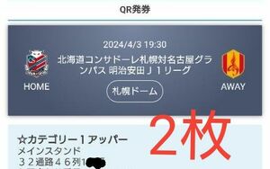 北海道コンサドーレ札幌 名古屋グランパス チケット2枚セット