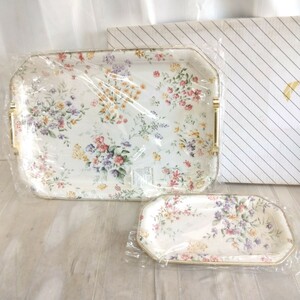 美品【 持ち手付き盆&小盆 セット 】お盆 キッチン 花柄 ボタニカル エレガント 金縁 洋風 トレー 春