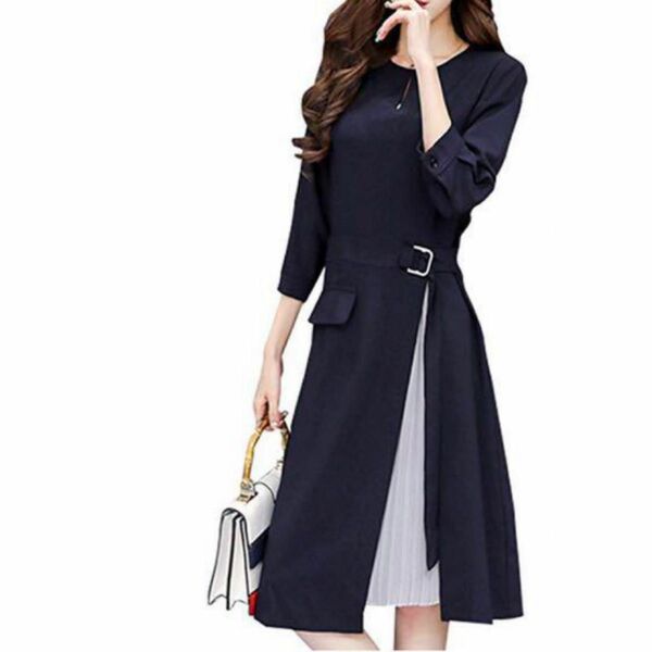 シフォン ワンピース ドレス七分袖 Aライン カラーフォーマル Mサイズ 大人可愛い ブルー系